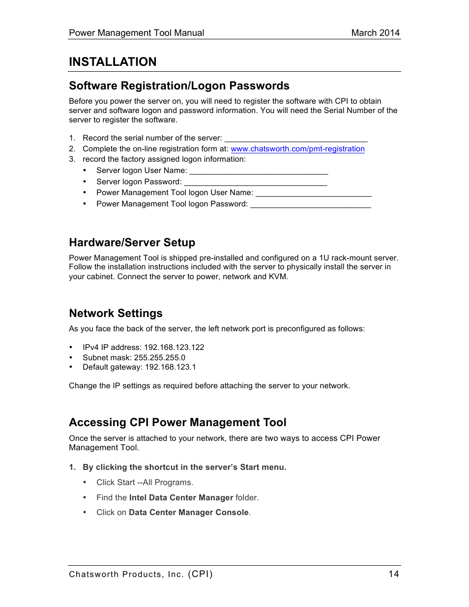 Installation, Software registration/logon passwords, Hardware/server setup | Network settings, Accessing cpi power management tool | Chatsworth Products CPI Power Management Tool User Manual | Page 14 / 92