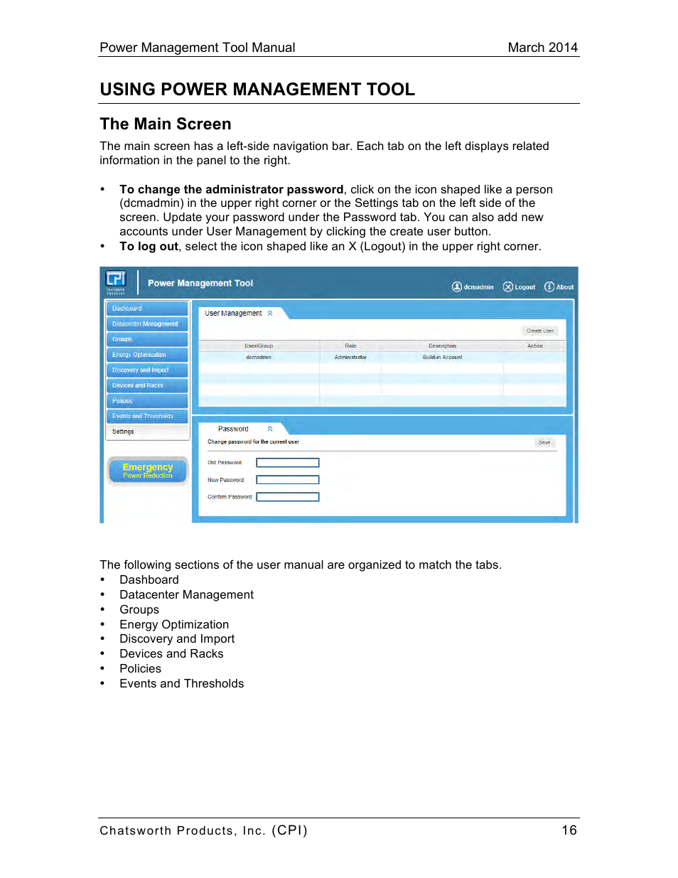Using power management tool, The main screen | Chatsworth Products CPI Power Management Tool User Manual | Page 16 / 92
