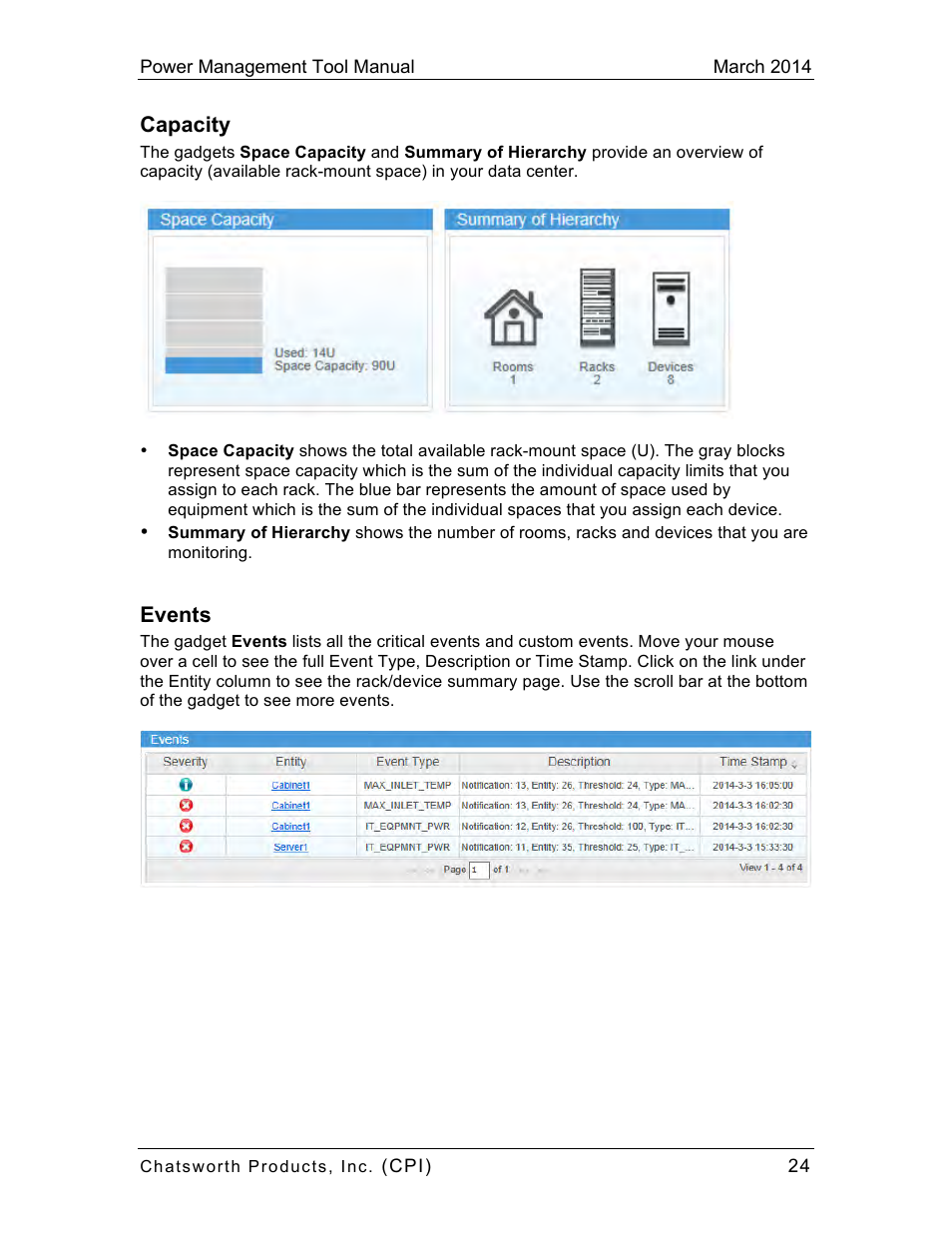 Capacity, Events | Chatsworth Products CPI Power Management Tool User Manual | Page 24 / 92