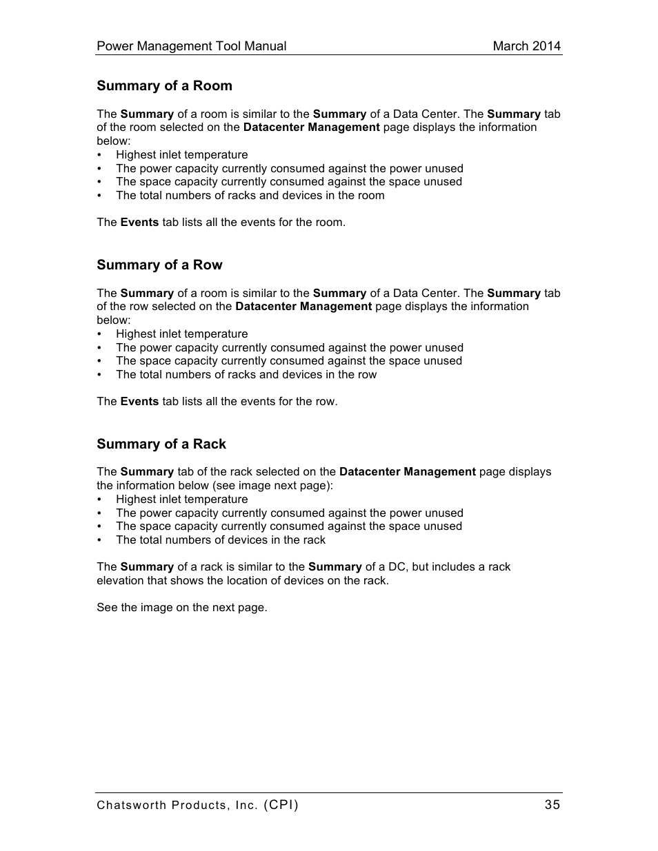 Summary of a room, Summary of a row, Summary of a rack | Chatsworth Products CPI Power Management Tool User Manual | Page 35 / 92
