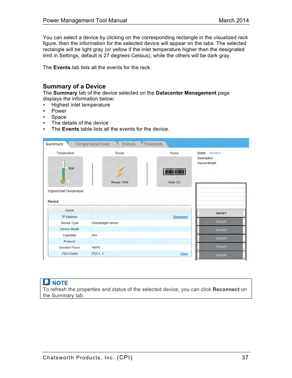 Summary of a device | Chatsworth Products CPI Power Management Tool User Manual | Page 37 / 92