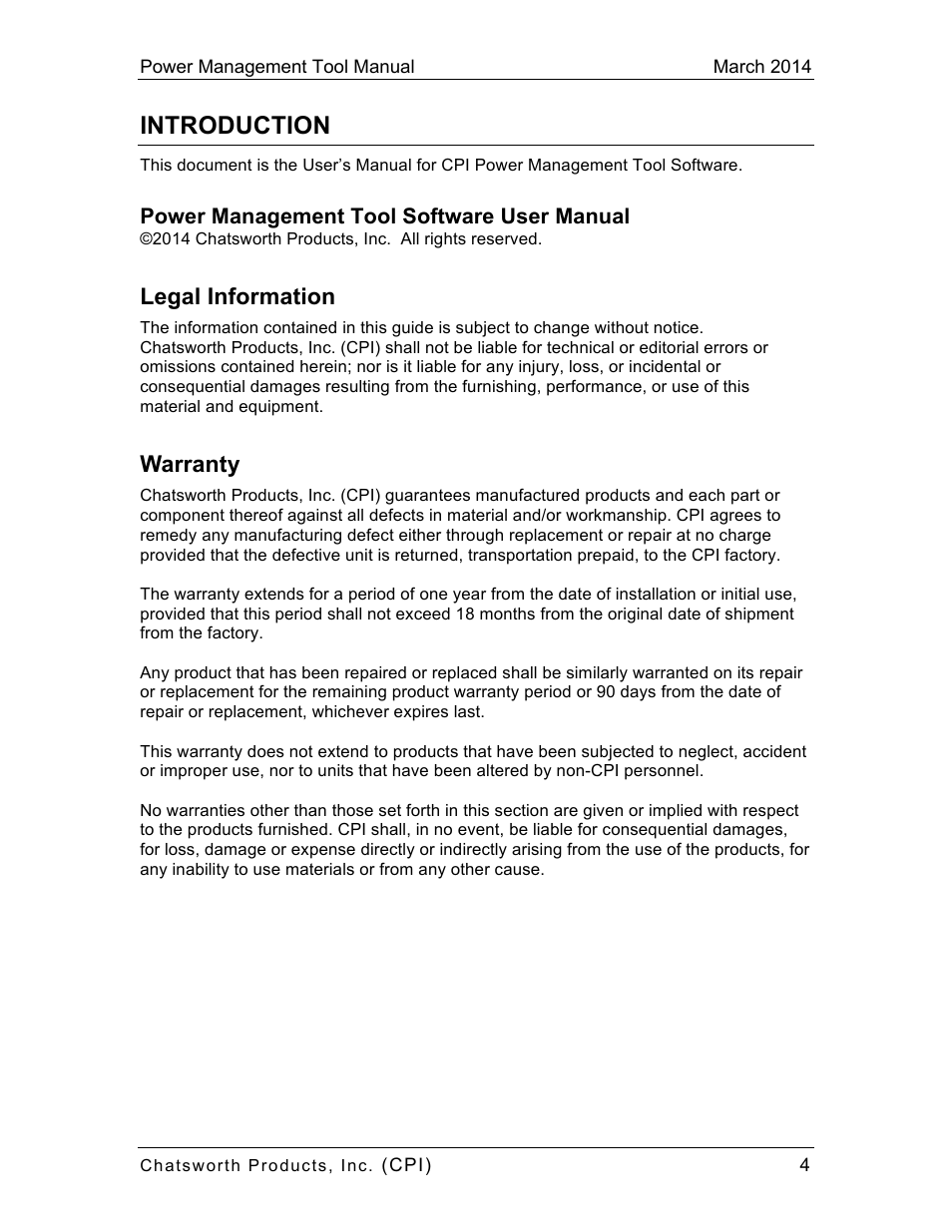 Introduction, Legal information, Warranty | Chatsworth Products CPI Power Management Tool User Manual | Page 4 / 92