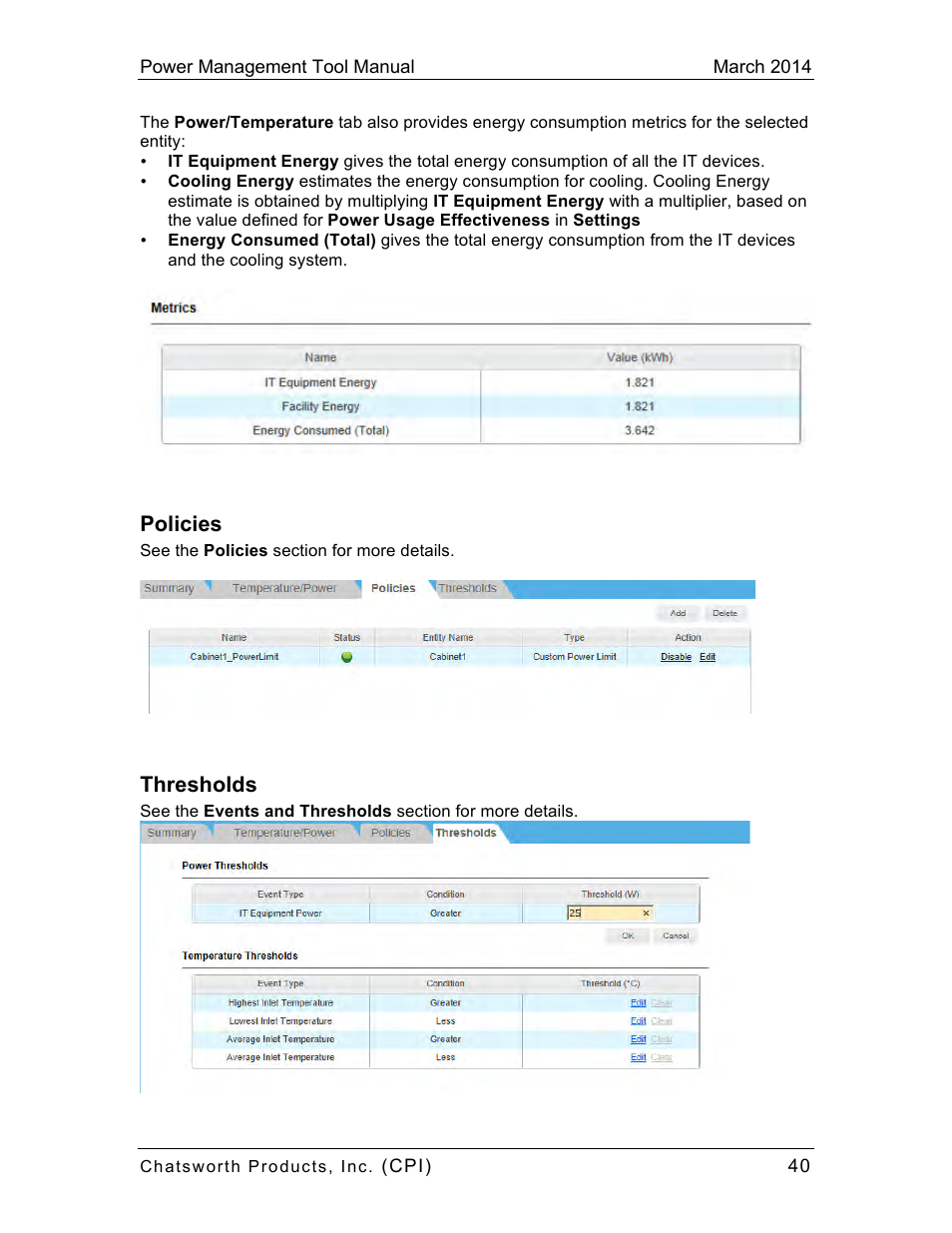 Policies, Thresholds | Chatsworth Products CPI Power Management Tool User Manual | Page 40 / 92