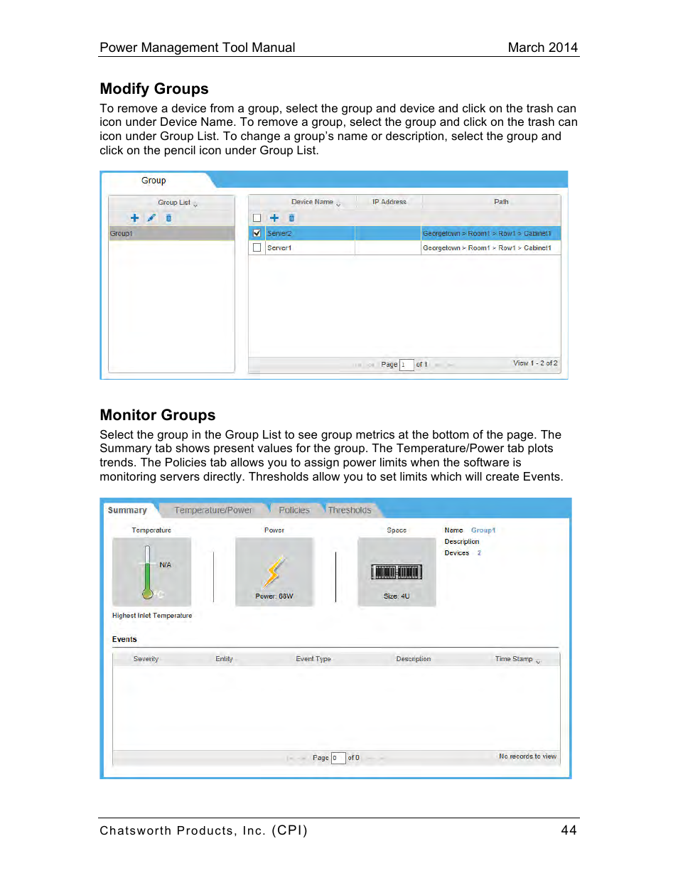 Modify groups, Monitor groups | Chatsworth Products CPI Power Management Tool User Manual | Page 44 / 92
