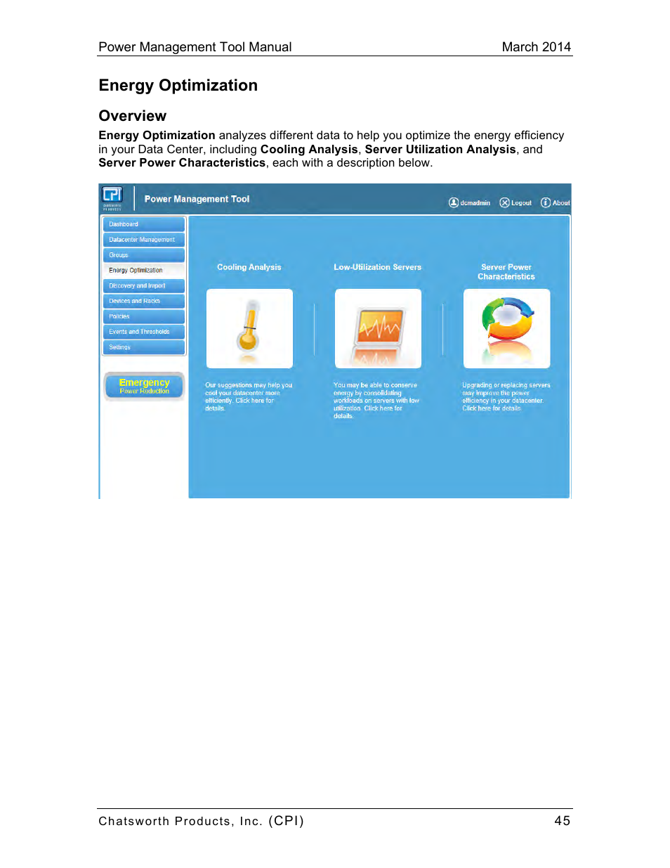 Energy optimization | Chatsworth Products CPI Power Management Tool User Manual | Page 45 / 92