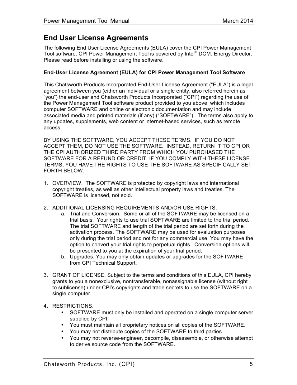 End user license agreements | Chatsworth Products CPI Power Management Tool User Manual | Page 5 / 92