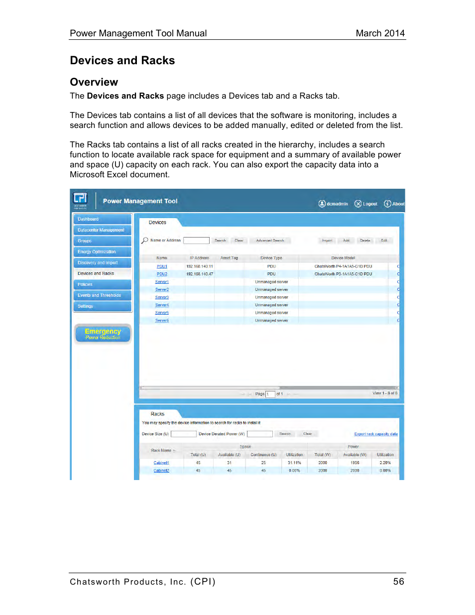 Devices and racks | Chatsworth Products CPI Power Management Tool User Manual | Page 56 / 92
