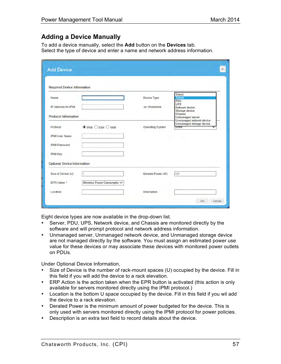 Adding a device manually | Chatsworth Products CPI Power Management Tool User Manual | Page 57 / 92