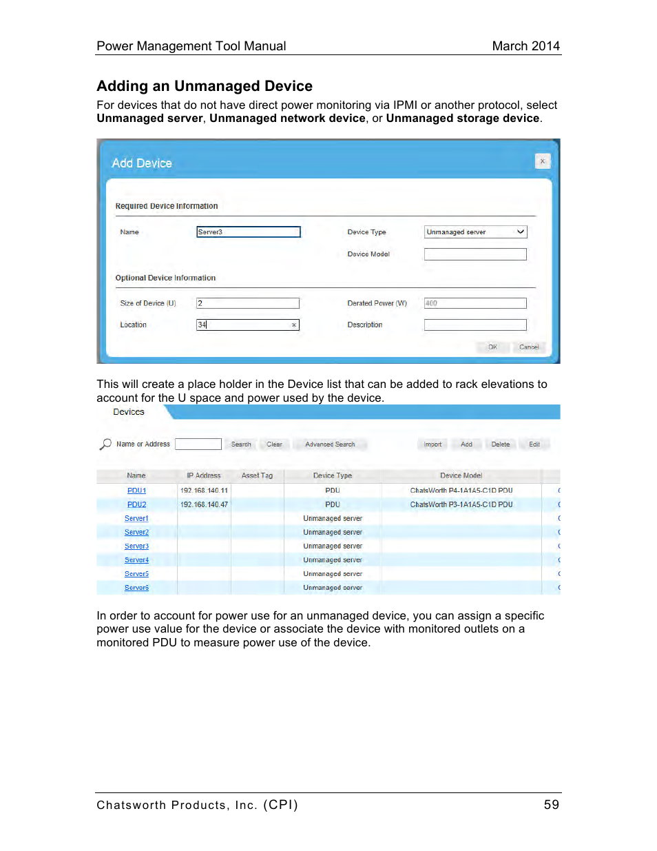 Adding an unmanaged device | Chatsworth Products CPI Power Management Tool User Manual | Page 59 / 92