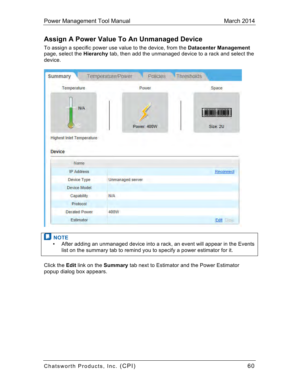 Assign a power value to an unmanaged device | Chatsworth Products CPI Power Management Tool User Manual | Page 60 / 92