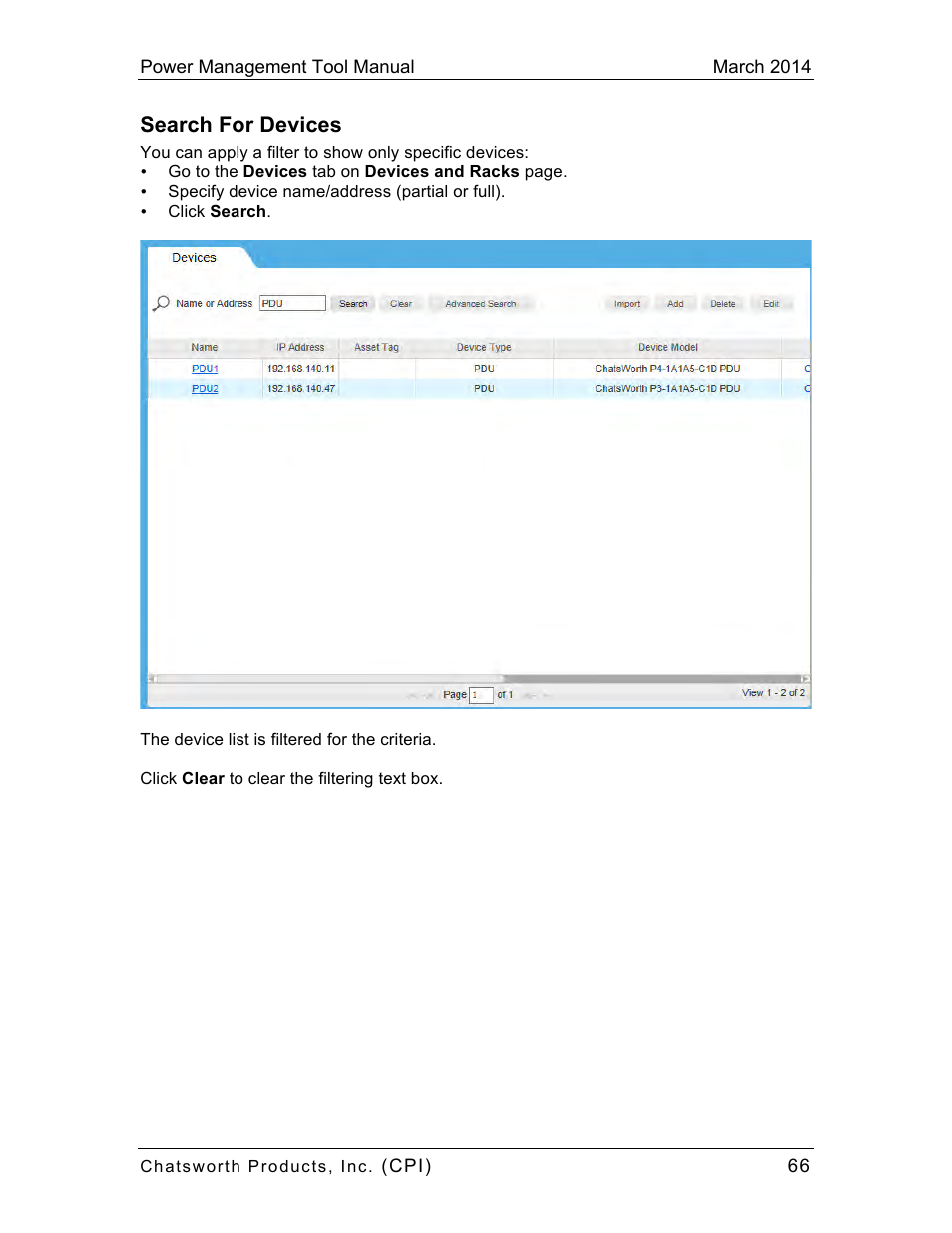 Search for devices | Chatsworth Products CPI Power Management Tool User Manual | Page 66 / 92