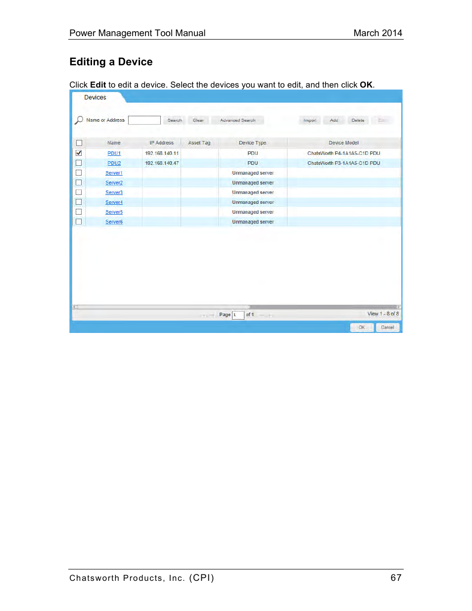 Editing a device | Chatsworth Products CPI Power Management Tool User Manual | Page 67 / 92