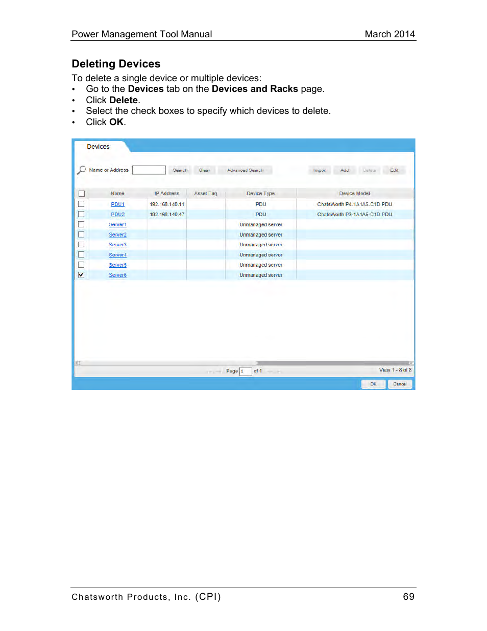 Deleting devices | Chatsworth Products CPI Power Management Tool User Manual | Page 69 / 92