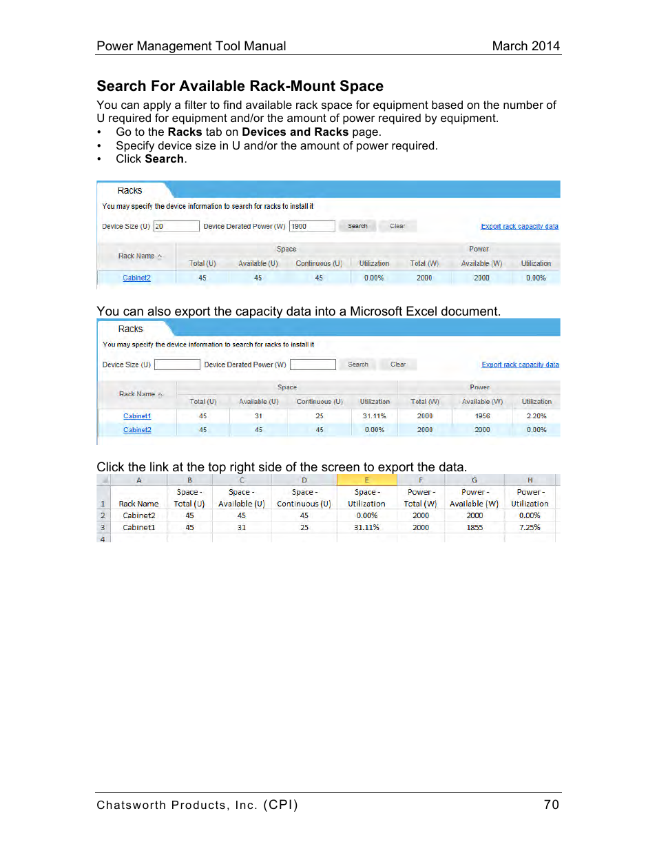 Search for available rack-mount space | Chatsworth Products CPI Power Management Tool User Manual | Page 70 / 92