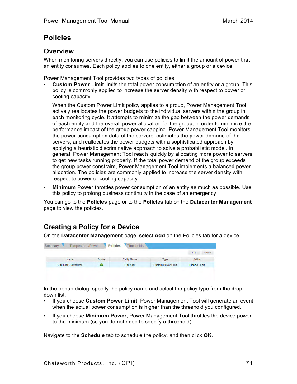 Policies, Overview, Creating a policy for a device | Chatsworth Products CPI Power Management Tool User Manual | Page 71 / 92