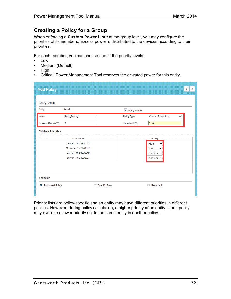 Creating a policy for a group | Chatsworth Products CPI Power Management Tool User Manual | Page 73 / 92