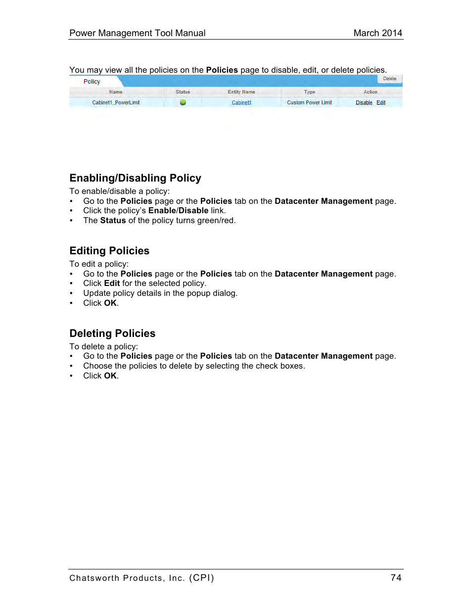 Enabling/disabling policy, Editing policies, Deleting policies | Chatsworth Products CPI Power Management Tool User Manual | Page 74 / 92