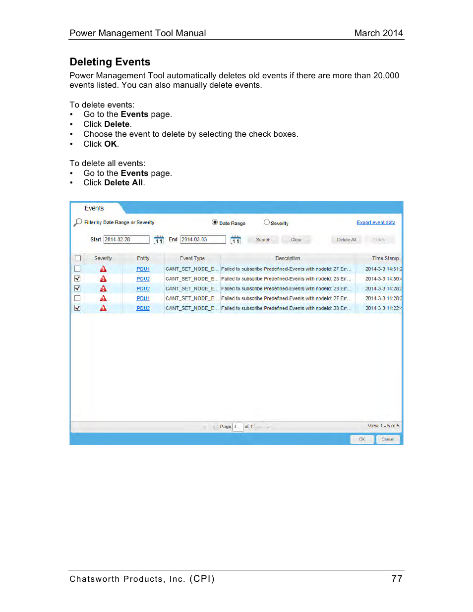 Deleting events | Chatsworth Products CPI Power Management Tool User Manual | Page 77 / 92