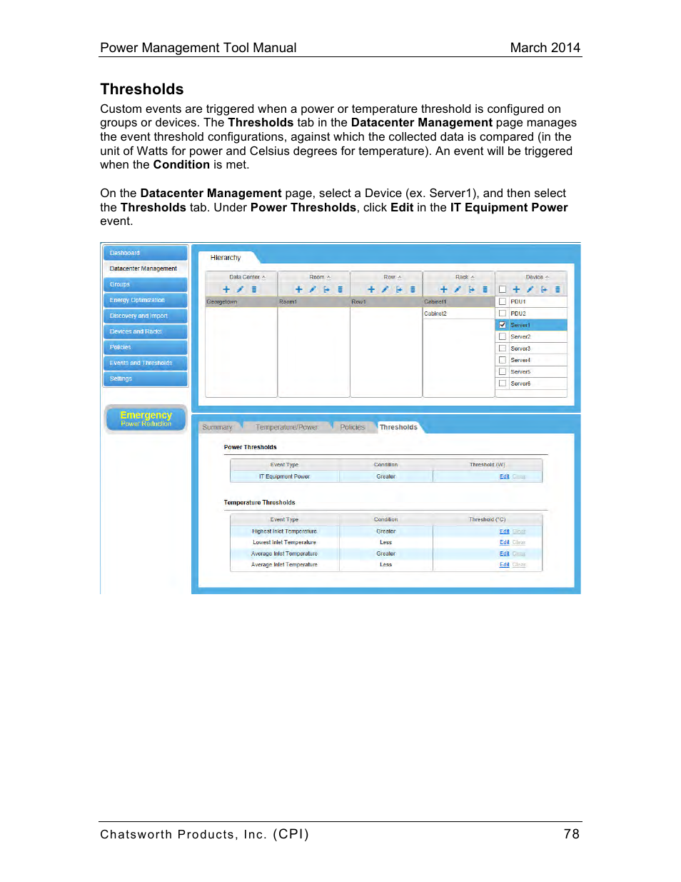 Thresholds | Chatsworth Products CPI Power Management Tool User Manual | Page 78 / 92