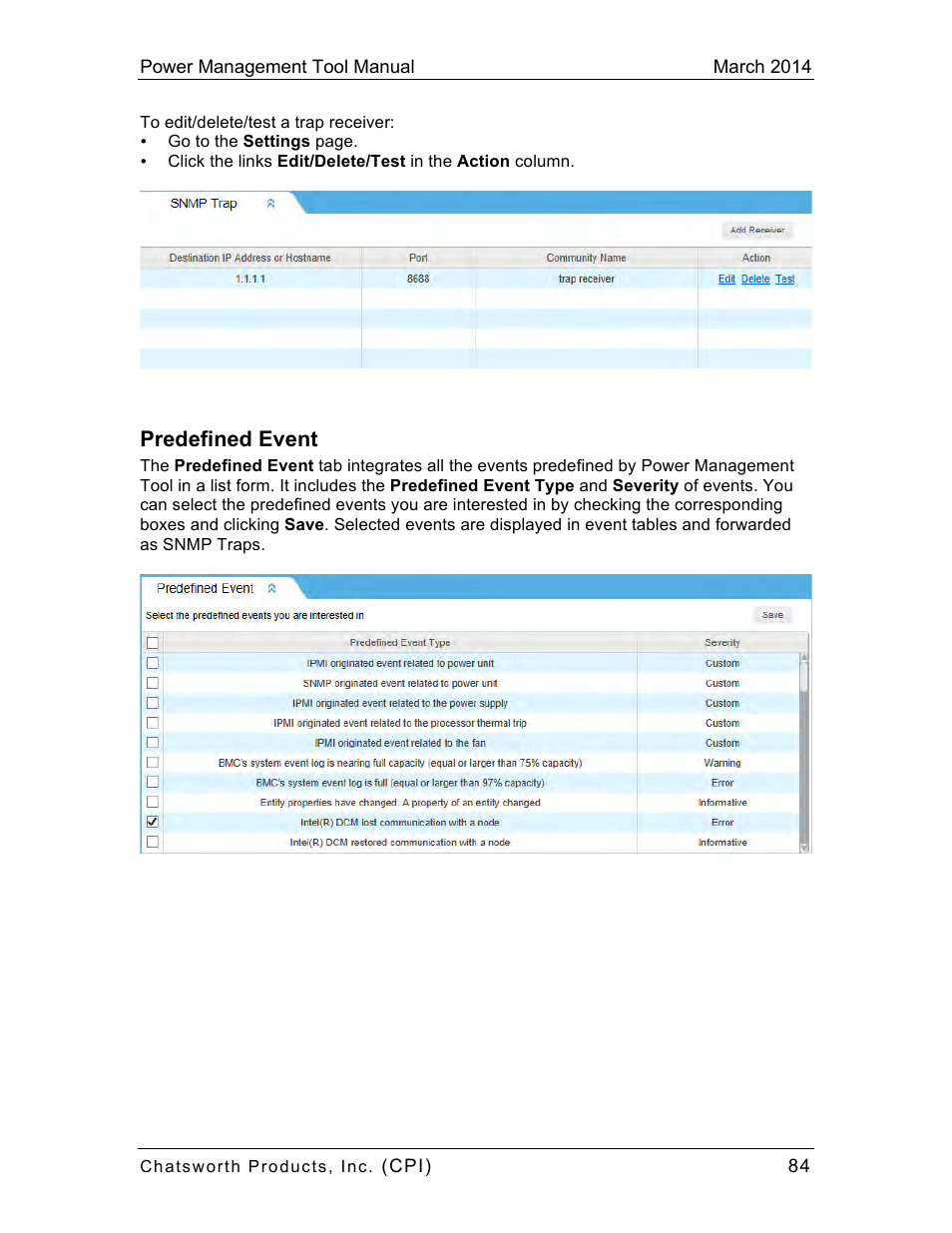 Predefined event | Chatsworth Products CPI Power Management Tool User Manual | Page 84 / 92