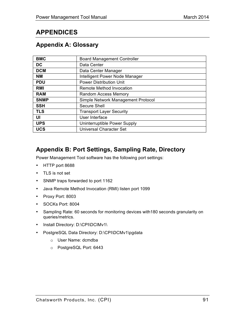 Appendices, Appendix a: glossary | Chatsworth Products CPI Power Management Tool User Manual | Page 91 / 92