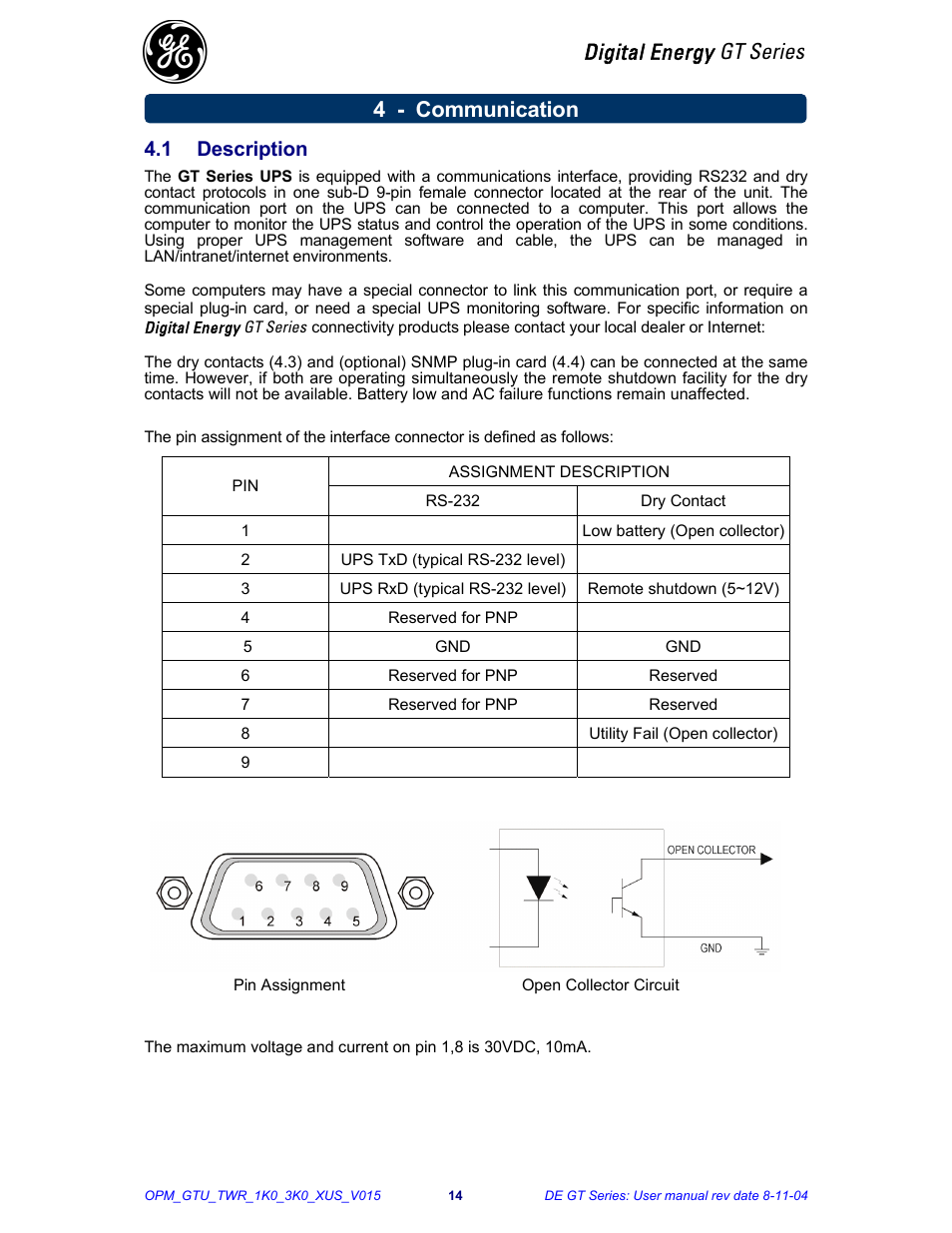 Digital energy gt series, 4 - communication, 1 description | Chatsworth Products GT Series UPS (3-10kVA) User Manual | Page 15 / 20
