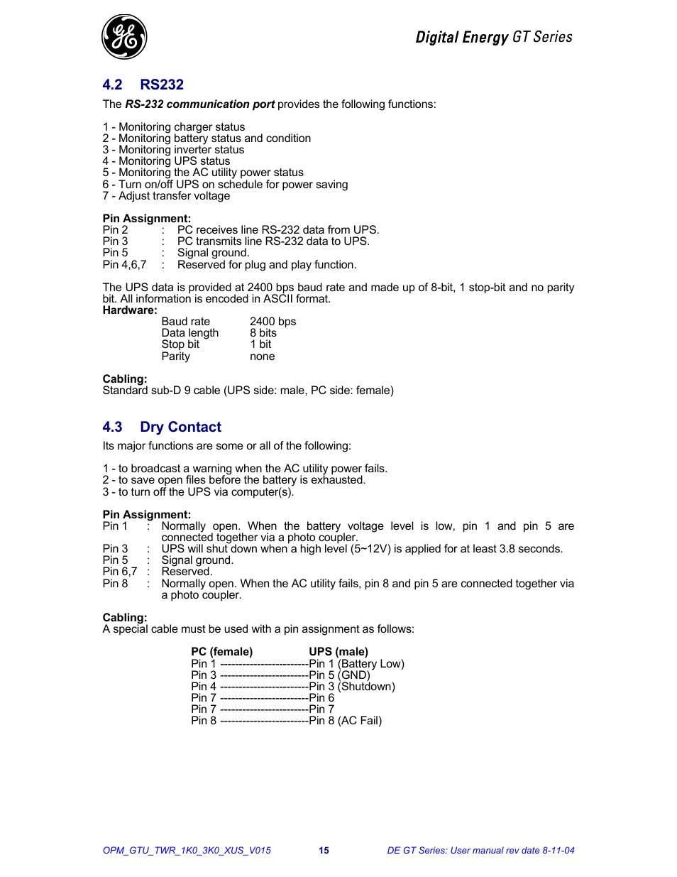 Digital energy gt series, 2 rs232, 3 dry contact | Chatsworth Products GT Series UPS (3-10kVA) User Manual | Page 16 / 20