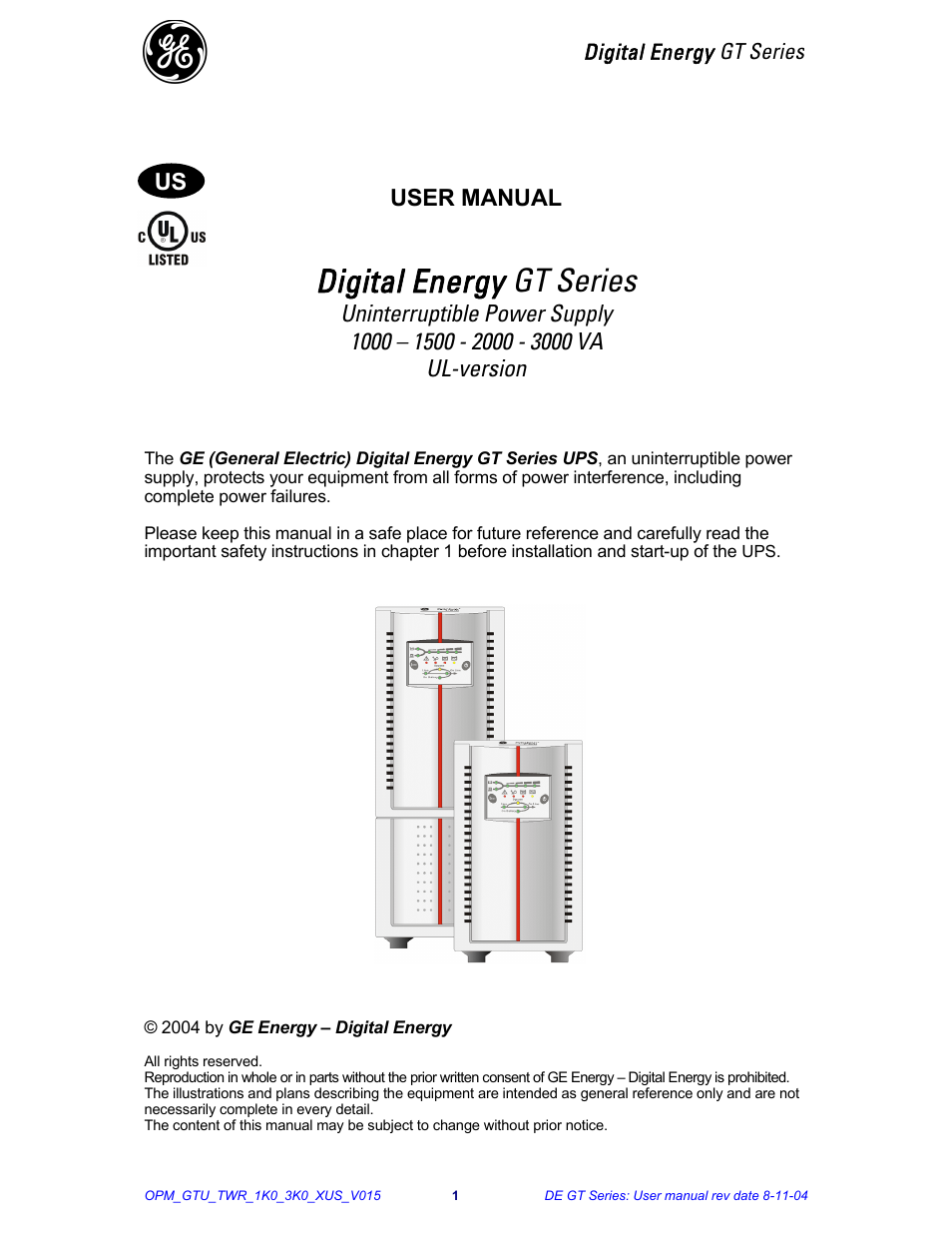 User manual, Digital energy gt series | Chatsworth Products GT Series UPS (3-10kVA) User Manual | Page 2 / 20
