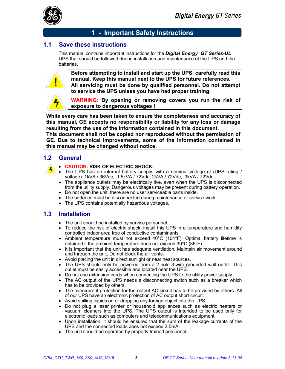 Digital energy gt series, 1 - important safety instructions, 1 save these instructions | 2 general, 3 installation | Chatsworth Products GT Series UPS (3-10kVA) User Manual | Page 4 / 20