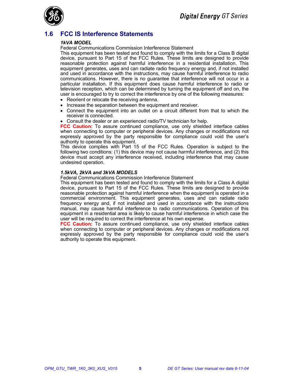 Digital energy gt series, 6 fcc is interference statements | Chatsworth Products GT Series UPS (3-10kVA) User Manual | Page 6 / 20