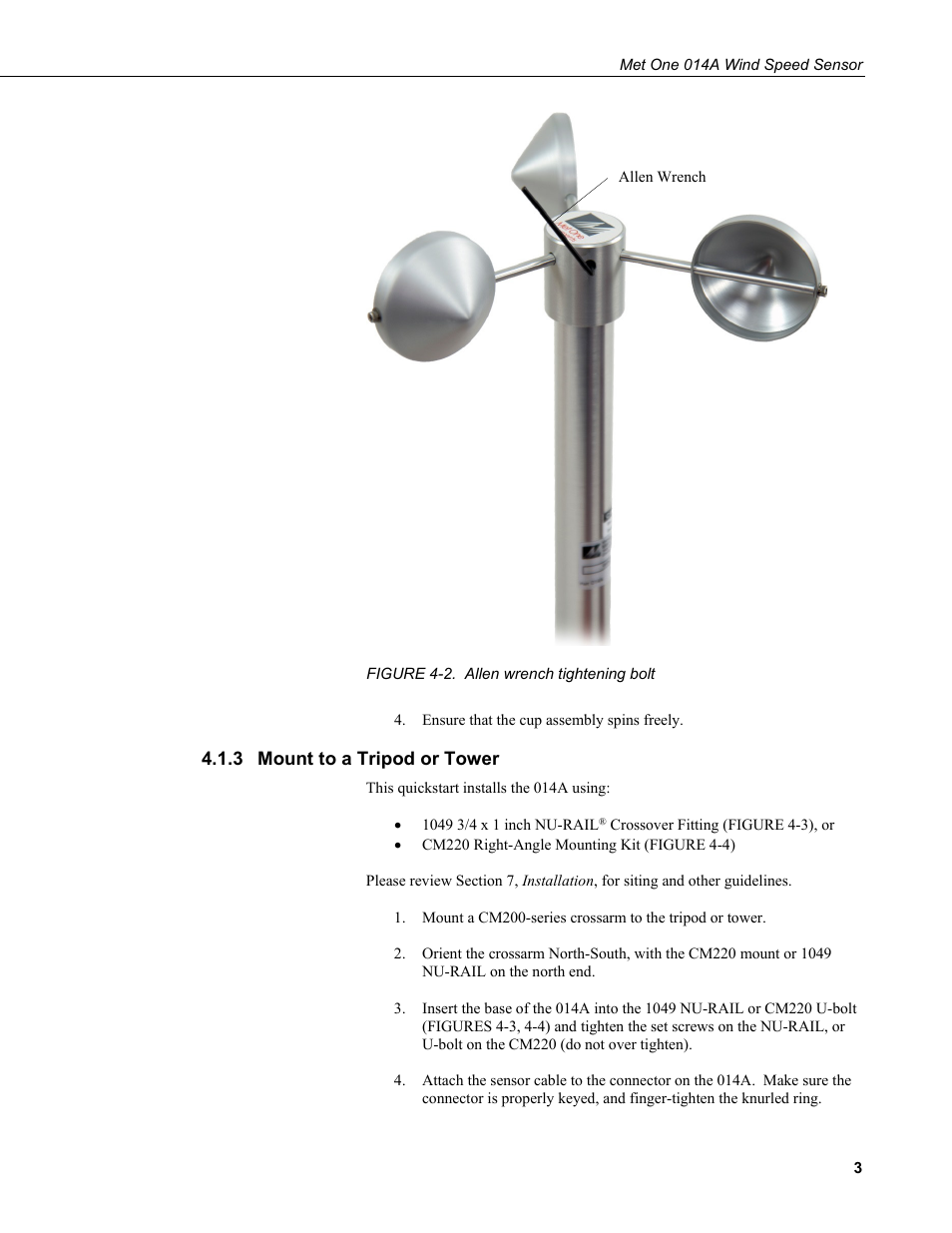3 mount to a tripod or tower, Mount to a tripod or tower, 2. allen wrench tightening bolt | Campbell Scientific 014A Met One Wind Speed Sensor User Manual | Page 11 / 36