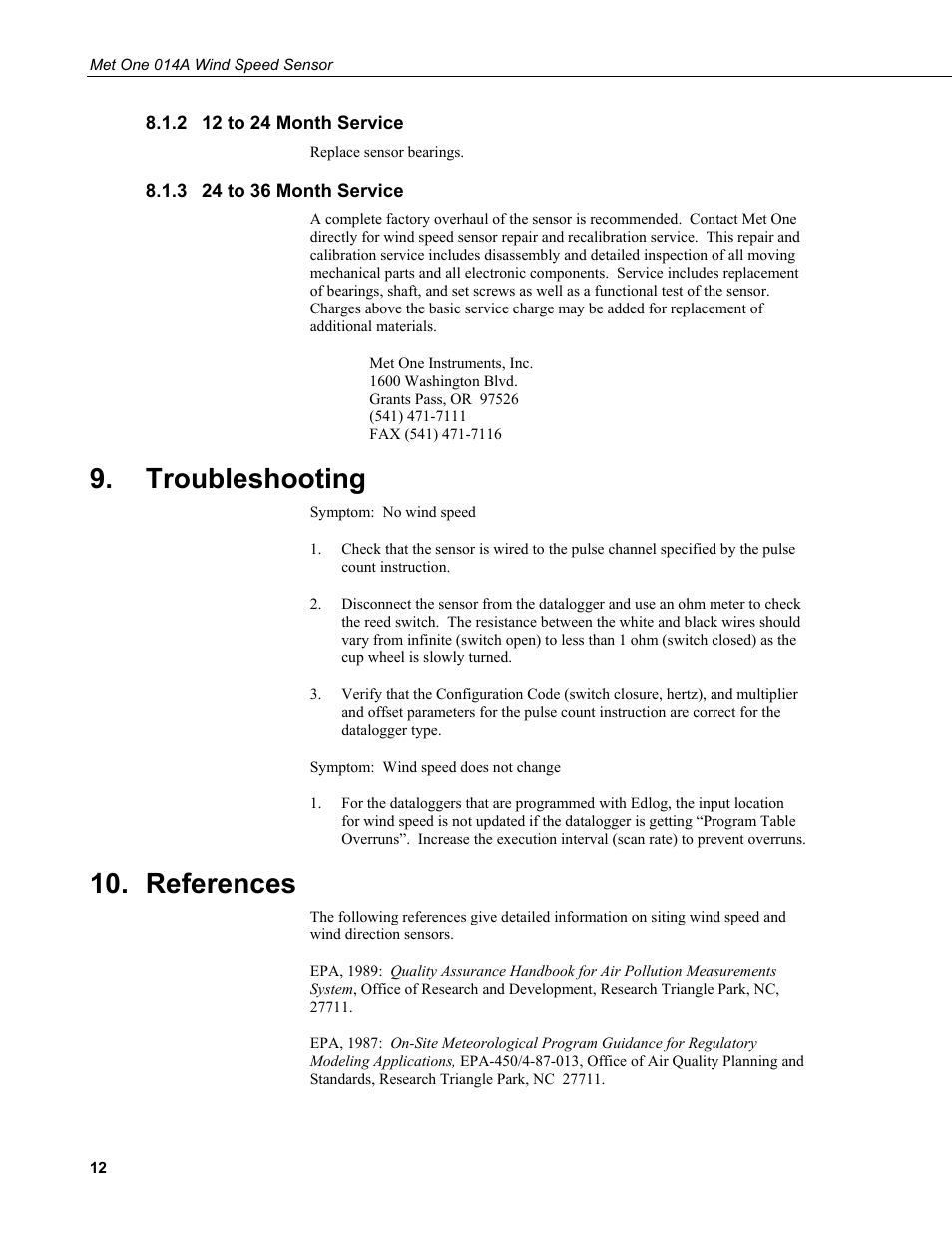 2 12 to 24 month service, 3 24 to 36 month service, Troubleshooting | References, 12 to 24 month service, 24 to 36 month service, N 10 | Campbell Scientific 014A Met One Wind Speed Sensor User Manual | Page 20 / 36