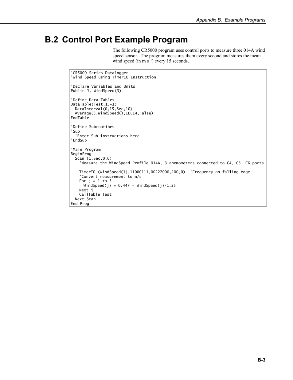 B.2 control port example program, Appendix b.2, control port example program | Campbell Scientific 014A Met One Wind Speed Sensor User Manual | Page 27 / 36