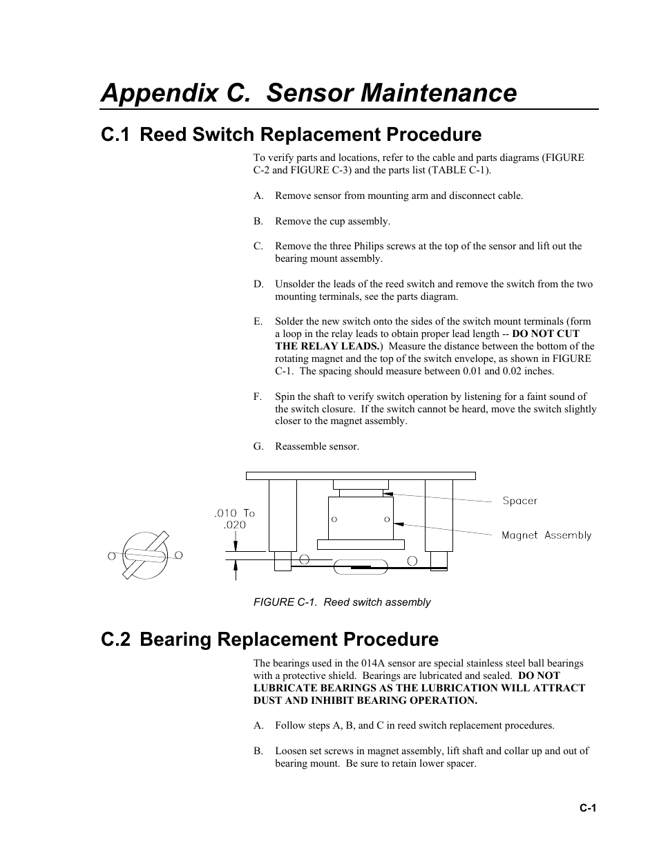 Appendix c. sensor maintenance, C.1 reed switch replacement procedure, C.2 bearing replacement procedure | Campbell Scientific 014A Met One Wind Speed Sensor User Manual | Page 29 / 36