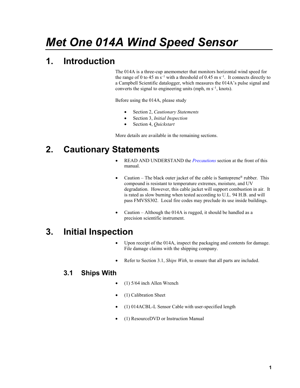 Introduction, Cautionary statements, Initial inspection | 1 ships with, Ships with, Met one 014a wind speed sensor | Campbell Scientific 014A Met One Wind Speed Sensor User Manual | Page 9 / 36