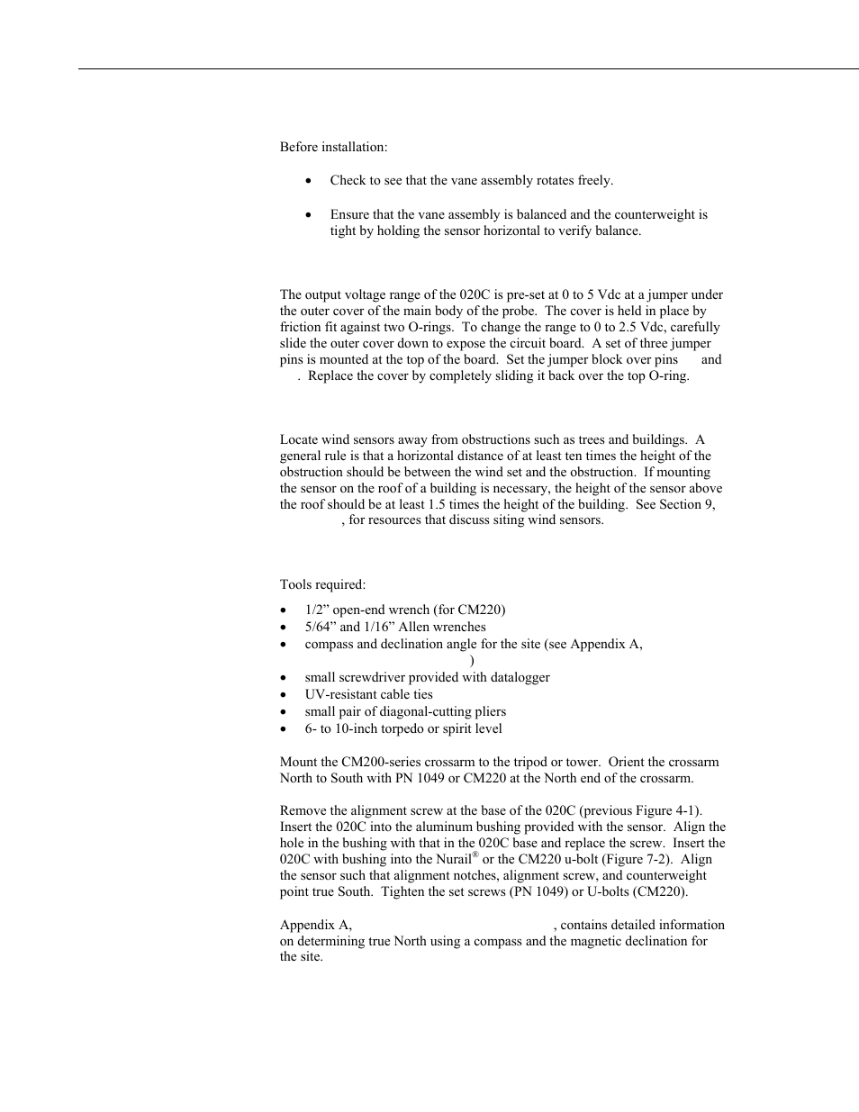 Installation, 1 select output range, 2 siting | 3 assembly and mounting | Campbell Scientific 020C Wind Direction Sensor User Manual | Page 14 / 26