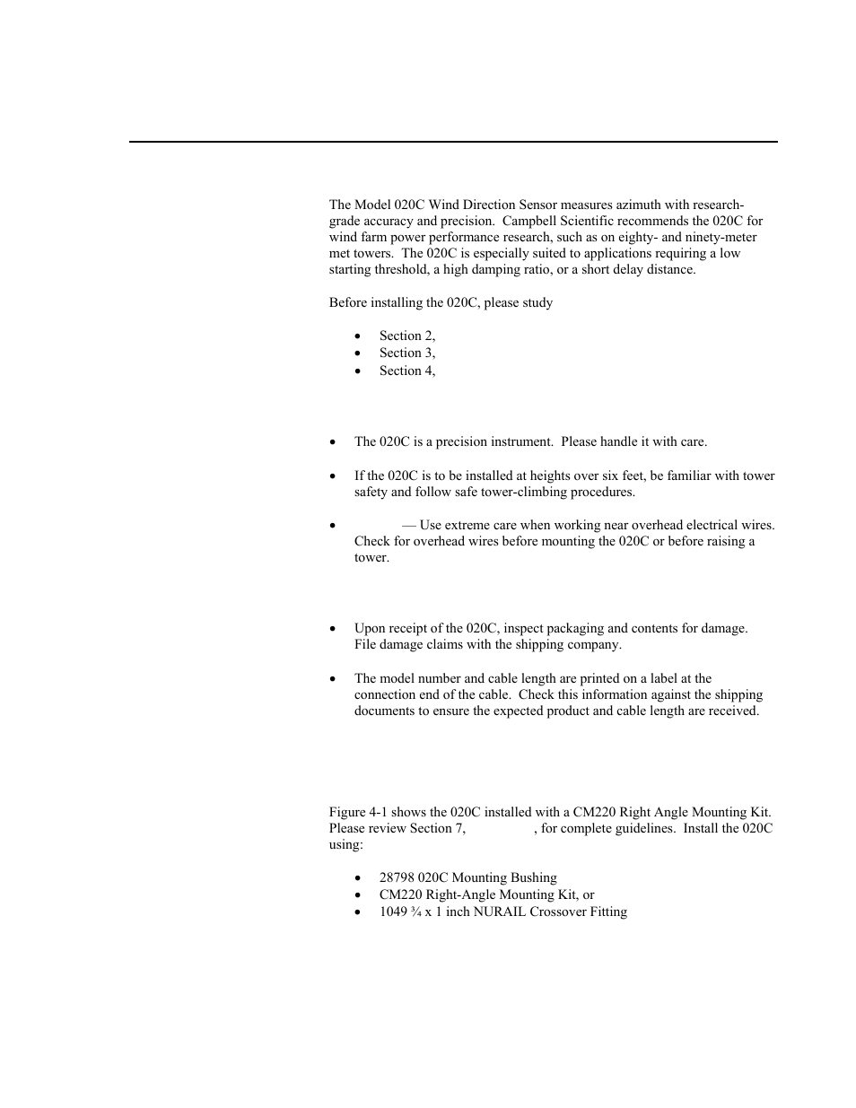 Model 020c wind direction sensor, Introduction, Cautionary statements | Initial inspection, Quickstart, 1 installation | Campbell Scientific 020C Wind Direction Sensor User Manual | Page 7 / 26