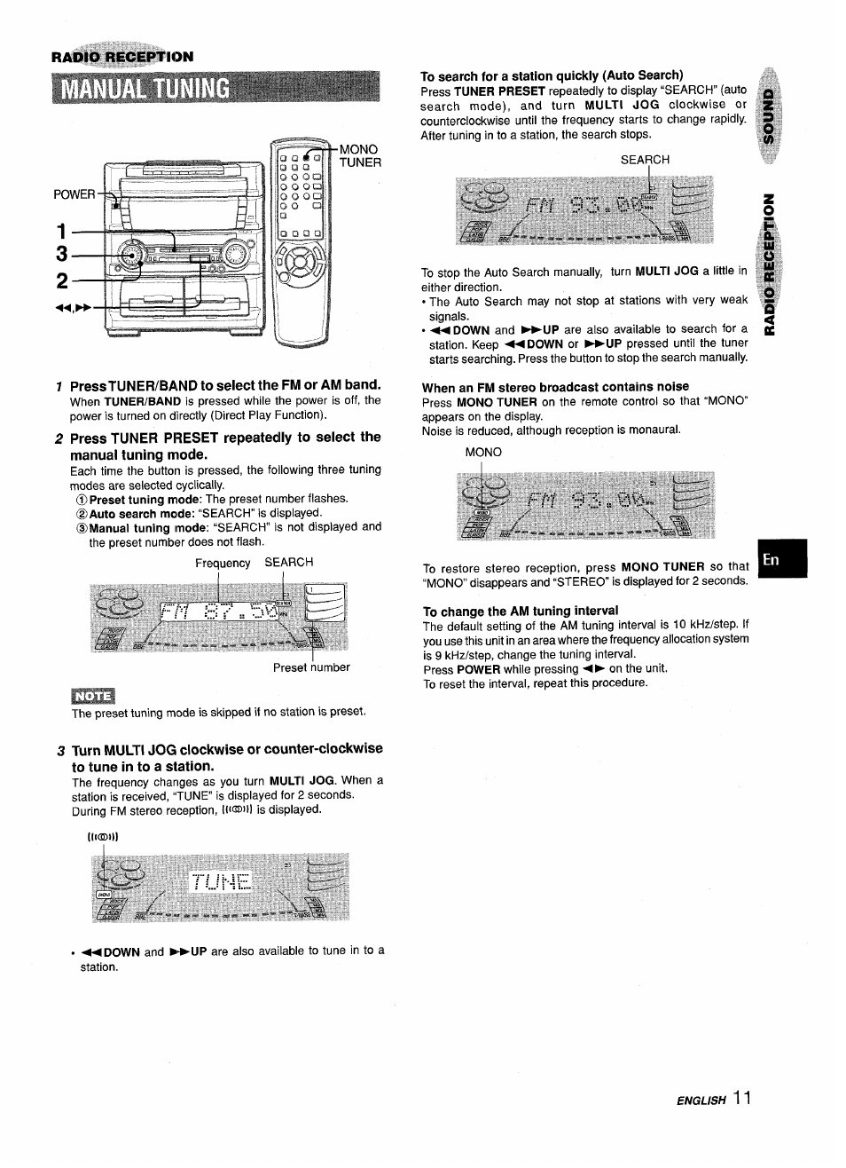 When an fm stereo broadcast contains noise, To change the am tuning interval, Rune | Aiwa Z-L70 User Manual | Page 11 / 88
