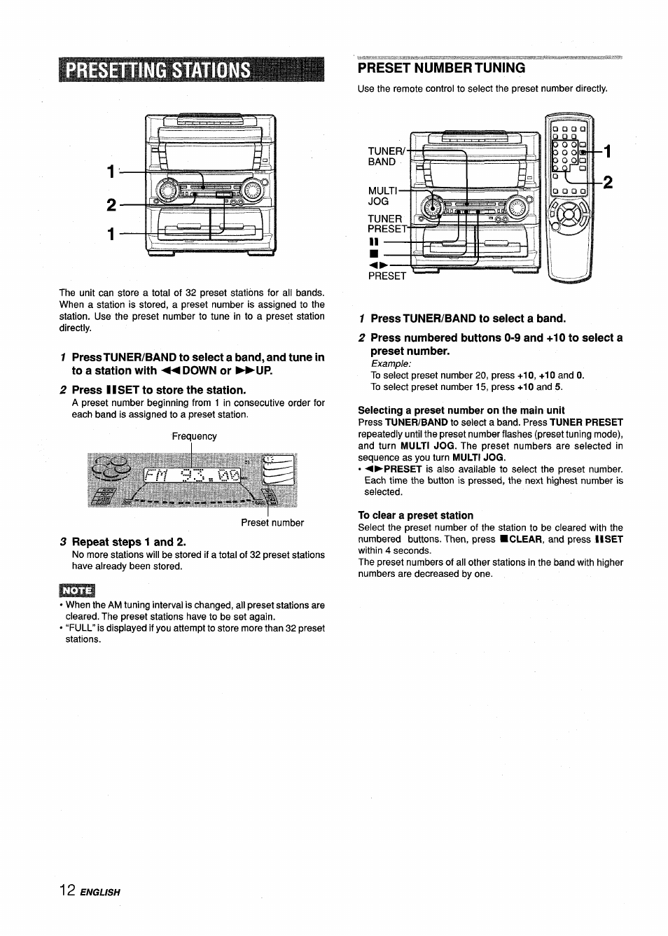 Presetting stations, Preset number tuning, 2 press 11 set to store the station | 3 repeat steps 1 and 2, 1 press tuner/band to select a band, To clear a preset station | Aiwa Z-L70 User Manual | Page 12 / 88