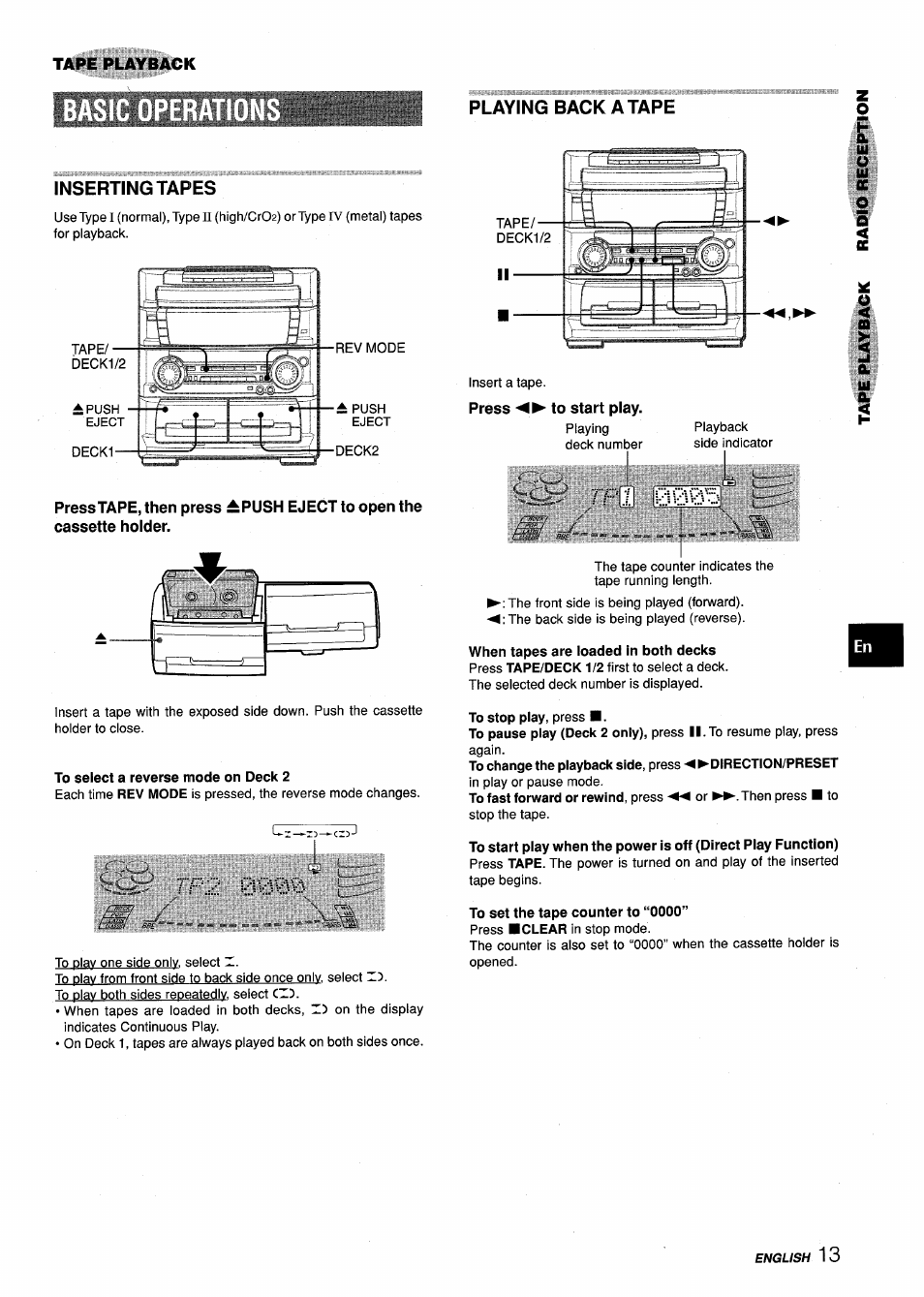 Playing back a tape, Inserting tapes, To select a reverse mode on deck 2 | Press ◄►to start play, To stop play, press, To set the tape counter to “0000 | Aiwa Z-L70 User Manual | Page 13 / 88