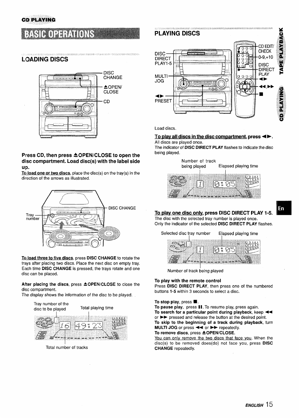 Loading discs, Playing discs, To play all discs in the disc compartment, press | To play one disc only, press disc direct play 1-5, L^ífiw i w liaa | Aiwa Z-L70 User Manual | Page 15 / 88