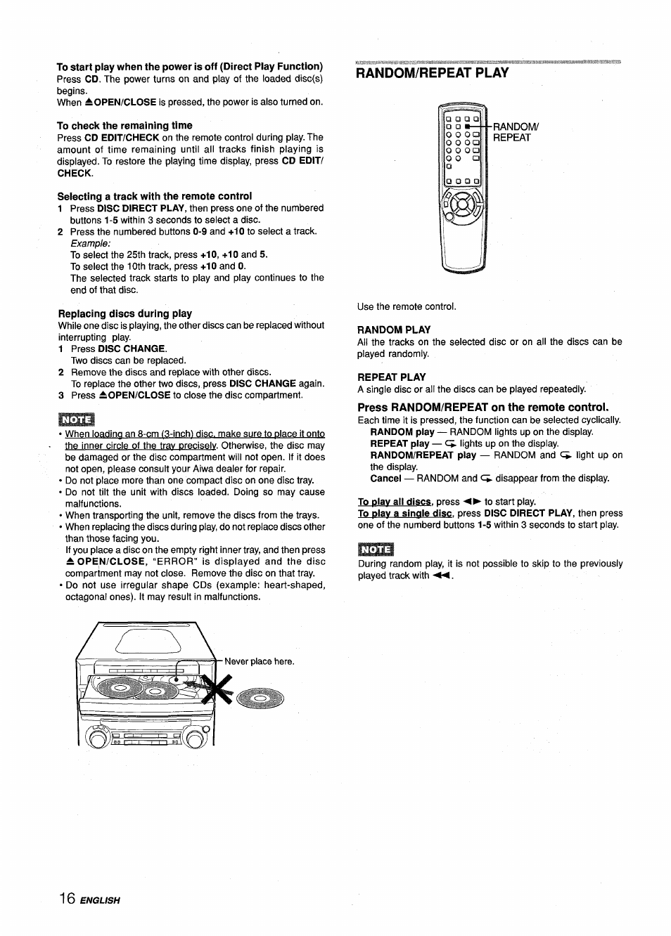 Random/repeat play, Press random/repeat on the remote control | Aiwa Z-L70 User Manual | Page 16 / 88