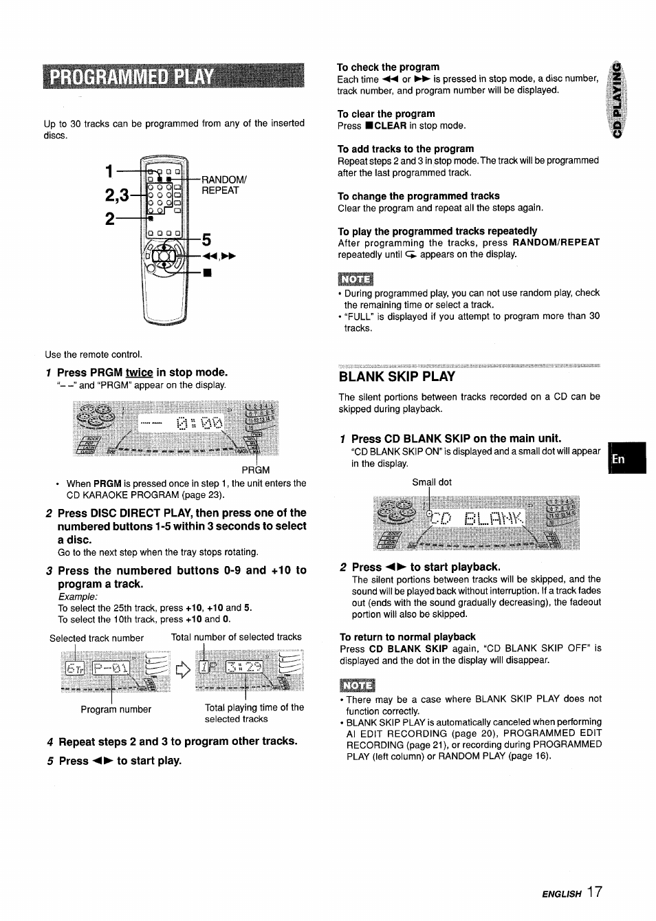 To check the program, To clear the program press ■ clear in stop mode, To add tracks to the program | To change the programmed tracks, To play the programmed tracks repeatedly, 1 press prgm twice in stop mode, 4 repeat steps 2 and 3 to program other tracks, 5 press ◄►to start play, Blank skip play, 1 press cd blank skip on the main unit | Aiwa Z-L70 User Manual | Page 17 / 88