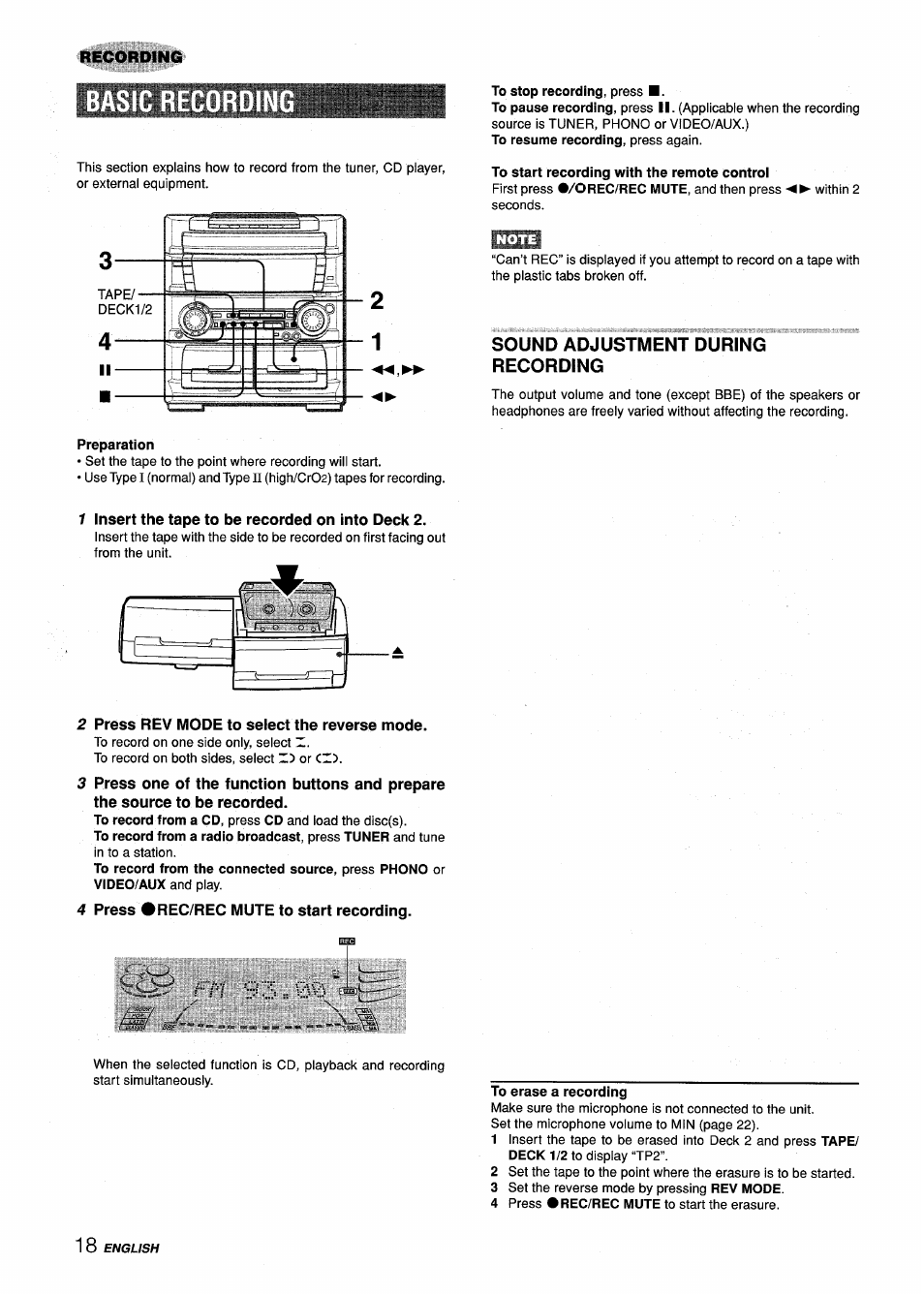 To stop recording, press, To resume recording, press again, To start recording with the remote control | Sound adjustment during recording, Preparation, 1 insert the tape to be recorded on into deck 2, 2 press rev mode to select the reverse mode, 4 press #rec/rec mute to start recording | Aiwa Z-L70 User Manual | Page 18 / 88