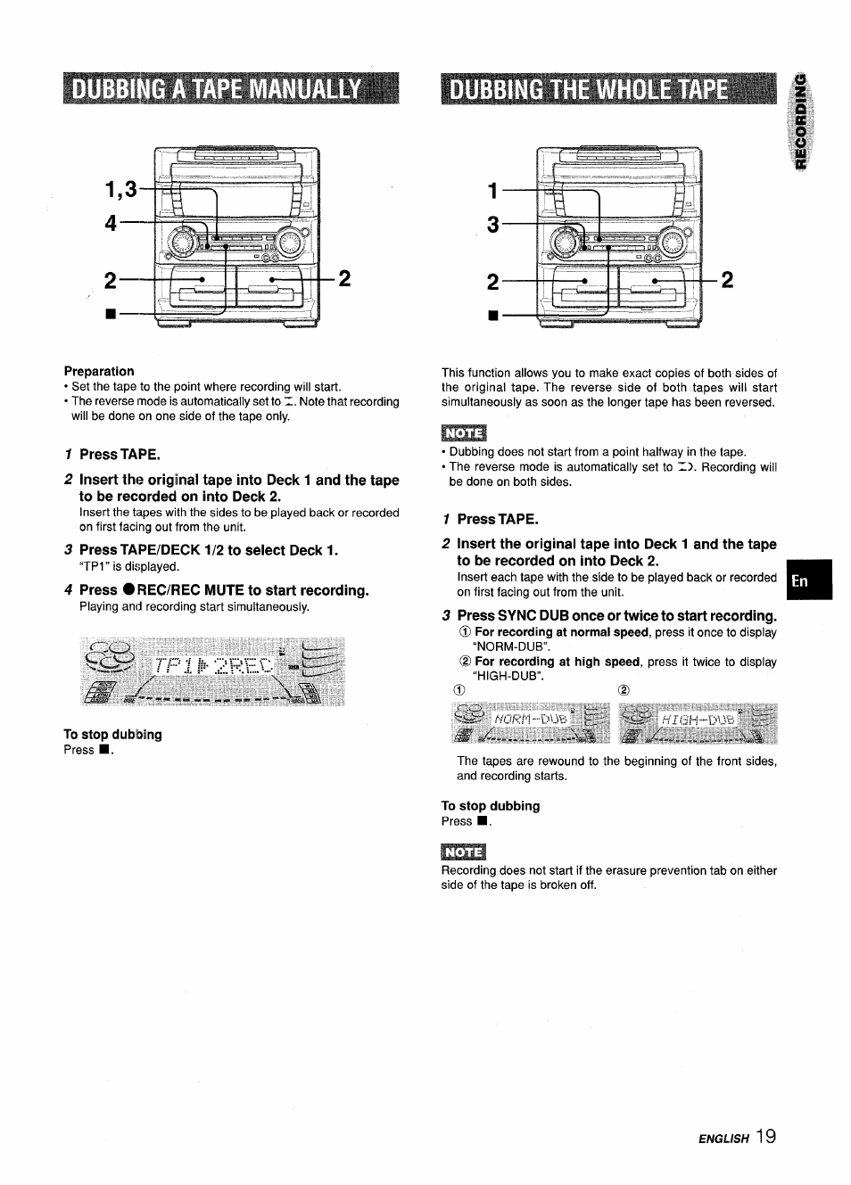 Dubbing a tape manuali, Dubbi, Preparation | 1 press tape, 3 press tape/deck1/2 to select deck 1, 4 press #rec/rec mute to start recording, To stop dubbing, 3 press sync dub once or twice to start recording, Dubbing a tape manually, Dubbing a tape manuali dubbi | Aiwa Z-L70 User Manual | Page 19 / 88