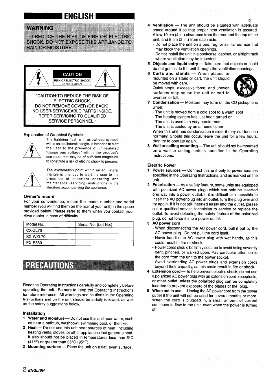 English, Warning | Aiwa Z-L70 User Manual | Page 2 / 88