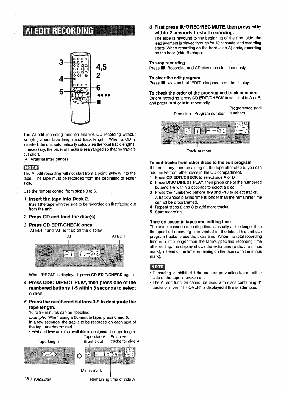 Al edit recording, 7 insert the tape into deck 2, 2 press cd and load the disc(s) | 3 press cd edit/check once, To stop recording, To clear the edit program, To check the order of the programmed track numbers, To add tracks from other discs to the edit program, Time on cassette tapes and editing time, Basic recording | Aiwa Z-L70 User Manual | Page 20 / 88