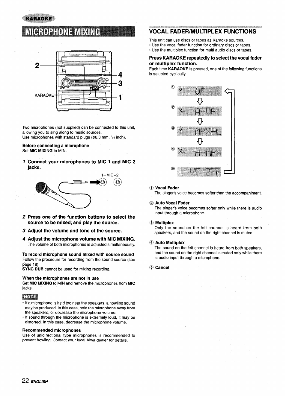 Microphone mixing, 3 adjust the volume and tone of the source, 4 adjust the microphone volume with mic mixing | To record microphone sound mixed with source sound, When the microphones are not in use, Recommended microphones, Vocal fader/multiplex functions, Vocal fader, Multiplex, Auto multiplex | Aiwa Z-L70 User Manual | Page 22 / 88