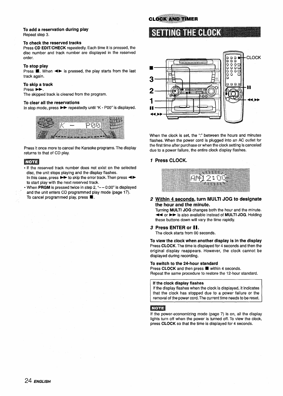 To add a reservation during piay, To check the reserved tracks, To stop piay | To skip a track, To ciear aii the reservations, Setting the clock, 1 press clock, 3 press enter or ii, To switch to the 24-hour standard, If the clock display flashes | Aiwa Z-L70 User Manual | Page 24 / 88