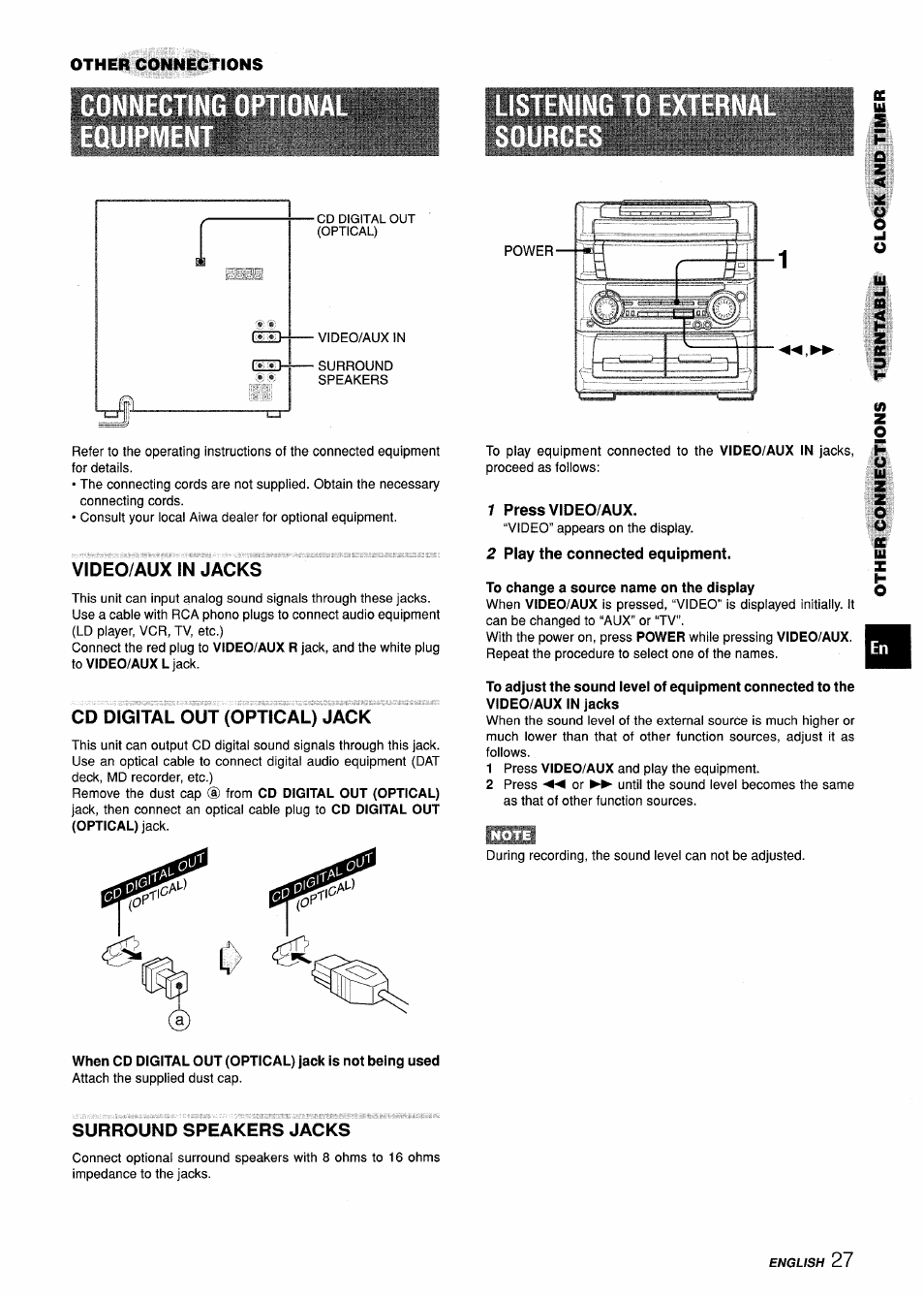 Video/aux in jacks, Cd digital out (optical) jack, 1 press video/aux | 2 play the connected equipment, To change a source name on the display, Surround speakers jacks | Aiwa Z-L70 User Manual | Page 27 / 88